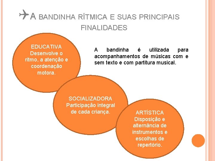 QA BANDINHA RÍTMICA E SUAS PRINCIPAIS FINALIDADES EDUCATIVA Desenvolve o ritmo, a atenção e