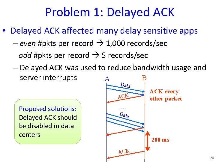 Problem 1: Delayed ACK • Delayed ACK affected many delay sensitive apps – even