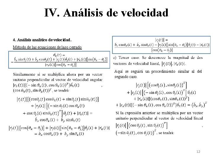 IV. Análisis de velocidad 4. Análisis analítico de velocidad. Método de las ecuaciones de