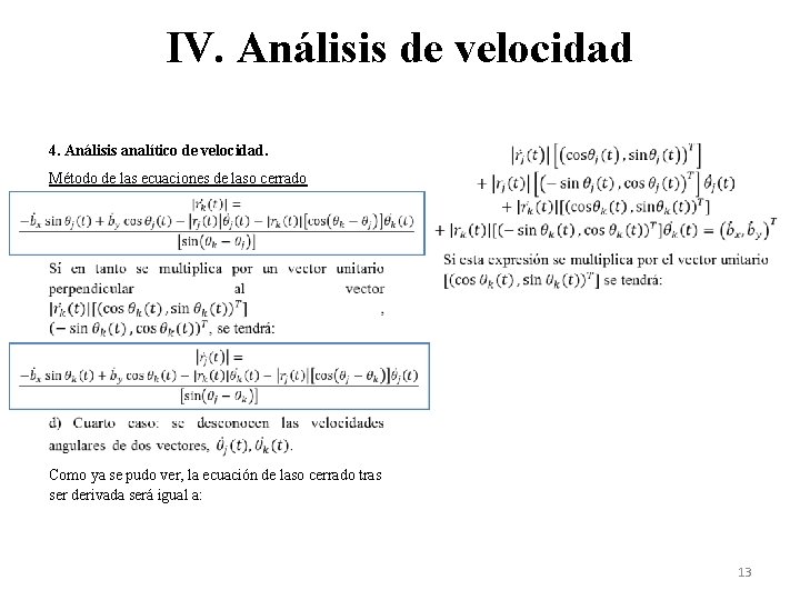 IV. Análisis de velocidad 4. Análisis analítico de velocidad. Método de las ecuaciones de