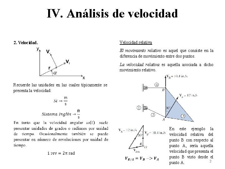 IV. Análisis de velocidad Velocidad relativa 2. Velocidad. El movimiento relativo es aquel que