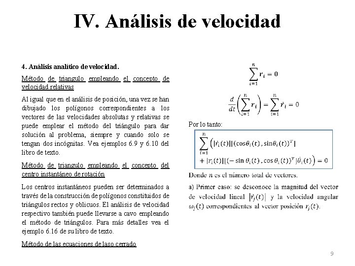 IV. Análisis de velocidad 4. Análisis analítico de velocidad. Método de triangulo empleando el