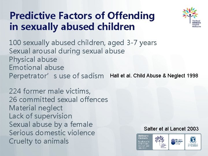 Predictive Factors of Offending in sexually abused children 100 sexually abused children, aged 3
