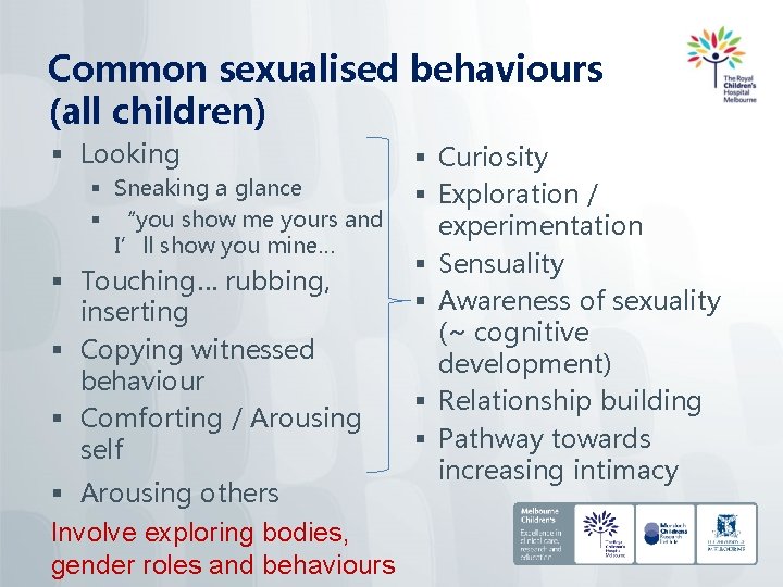 Common sexualised behaviours (all children) § Looking § Sneaking a glance § “you show