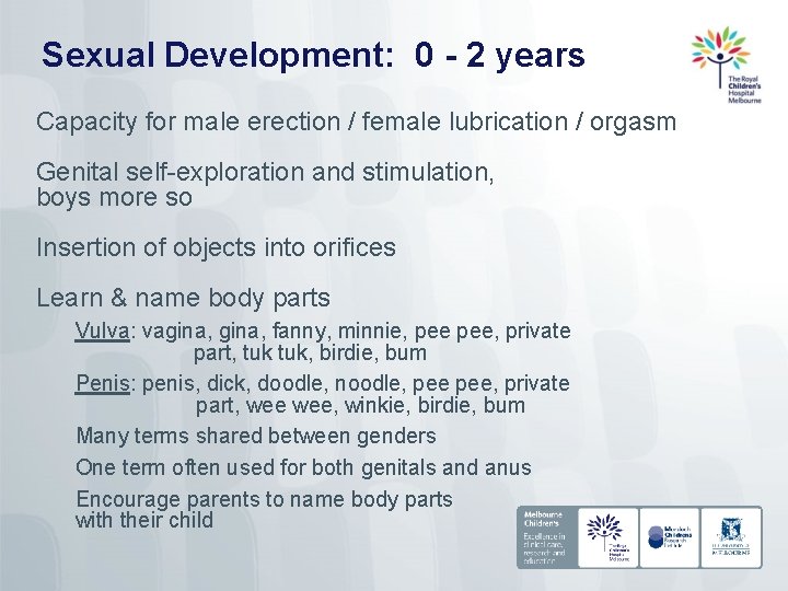 Sexual Development: 0 - 2 years Capacity for male erection / female lubrication /