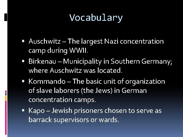 Vocabulary Auschwitz – The largest Nazi concentration camp during WWII. Birkenau – Municipality in