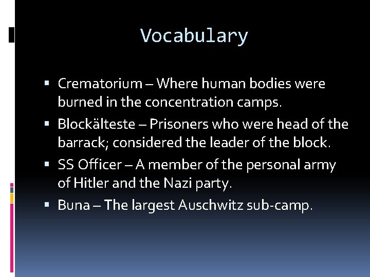 Vocabulary Crematorium – Where human bodies were burned in the concentration camps. Blockälteste –