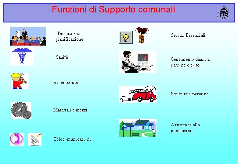 Funzioni di Supporto comunali Tecnica e di pianificazione Servizi Essenziali Sanità Censimento danni a