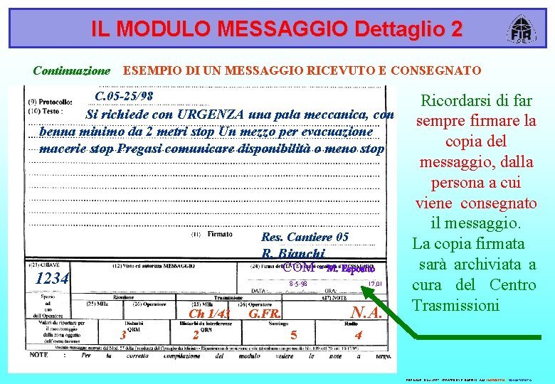 IL MODULO MESSAGGIO Dettaglio 2 Continuazione ESEMPIO DI UN MESSAGGIO RICEVUTO E CONSEGNATO C.