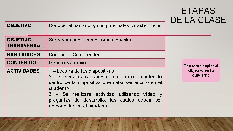 OBJETIVO Conocer el narrador y sus principales características OBJETIVO TRANSVERSAL Ser responsable con el