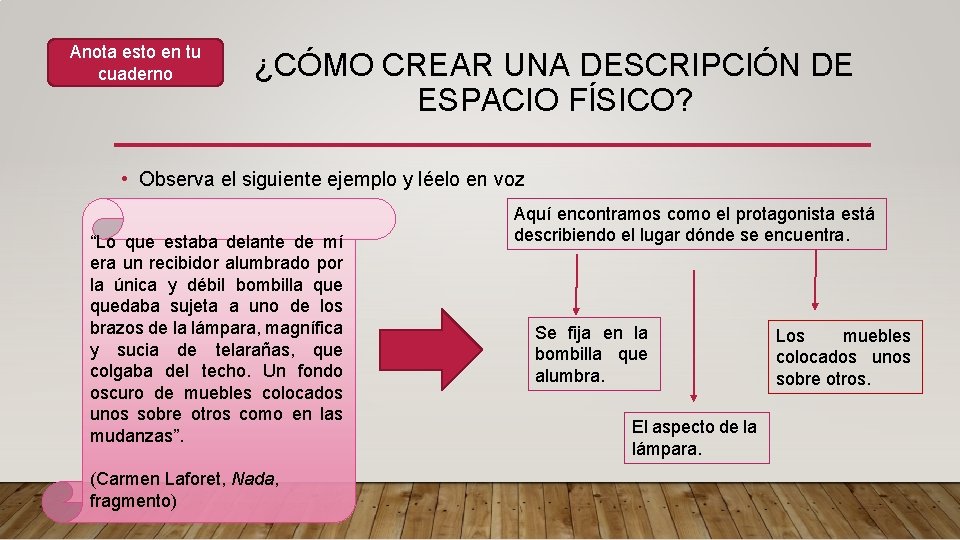 Anota esto en tu cuaderno ¿CÓMO CREAR UNA DESCRIPCIÓN DE ESPACIO FÍSICO? • Observa