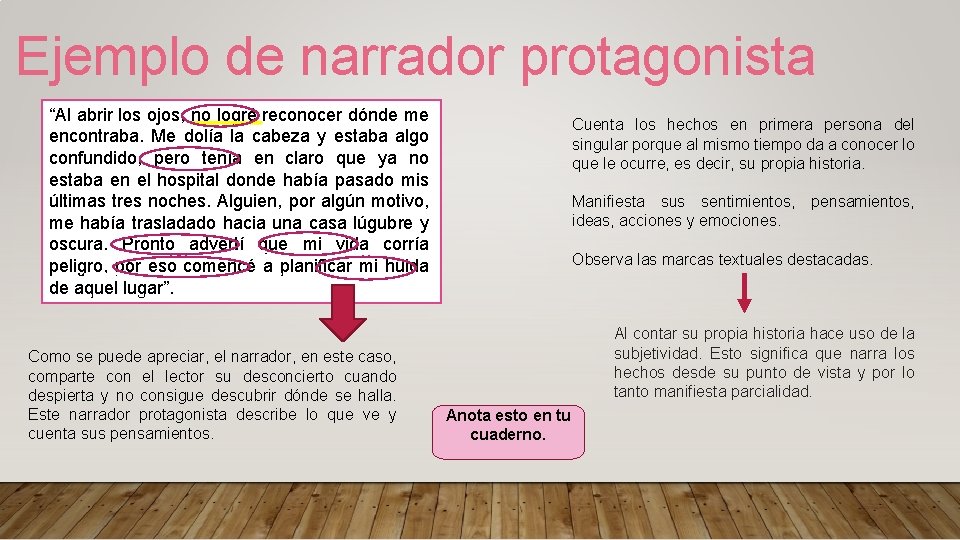 Ejemplo de narrador protagonista “Al abrir los ojos, no logré reconocer dónde me encontraba.