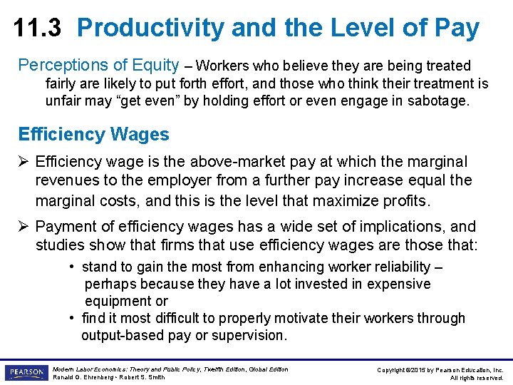 11. 3 Productivity and the Level of Pay Perceptions of Equity – Workers who