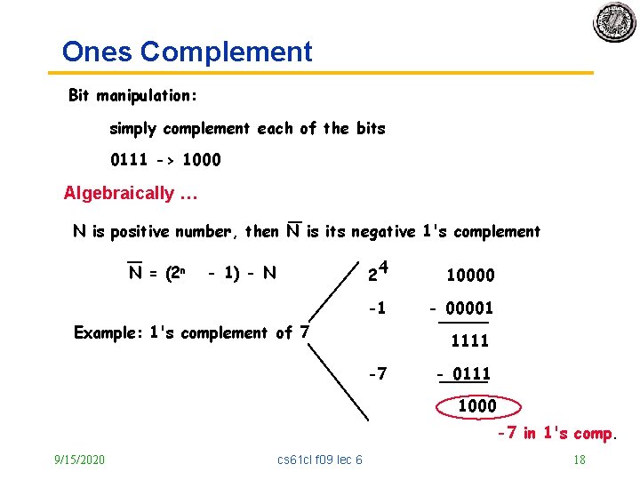 Ones Complement Bit manipulation: simply complement each of the bits 0111 -> 1000 Algebraically