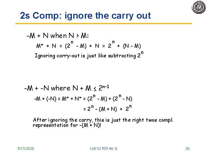 2 s Comp: ignore the carry out -M + N when N > M:
