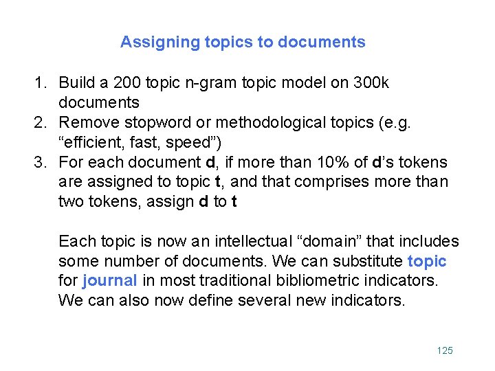 Assigning topics to documents 1. Build a 200 topic n-gram topic model on 300