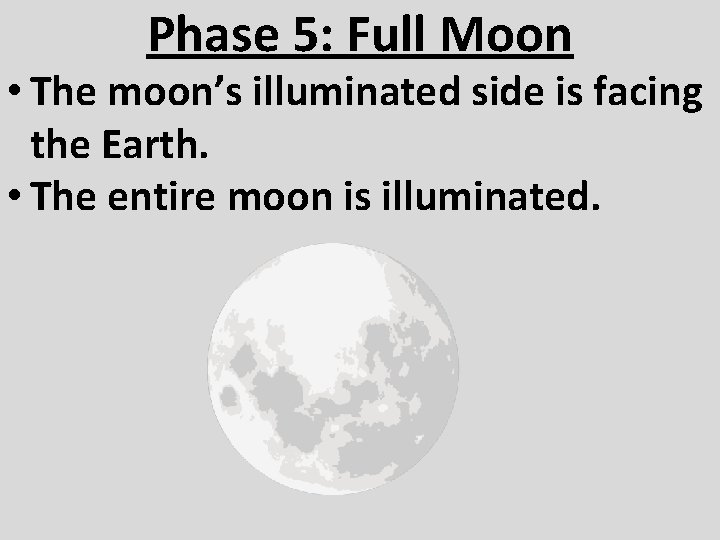 Phase 5: Full Moon • The moon’s illuminated side is facing the Earth. •