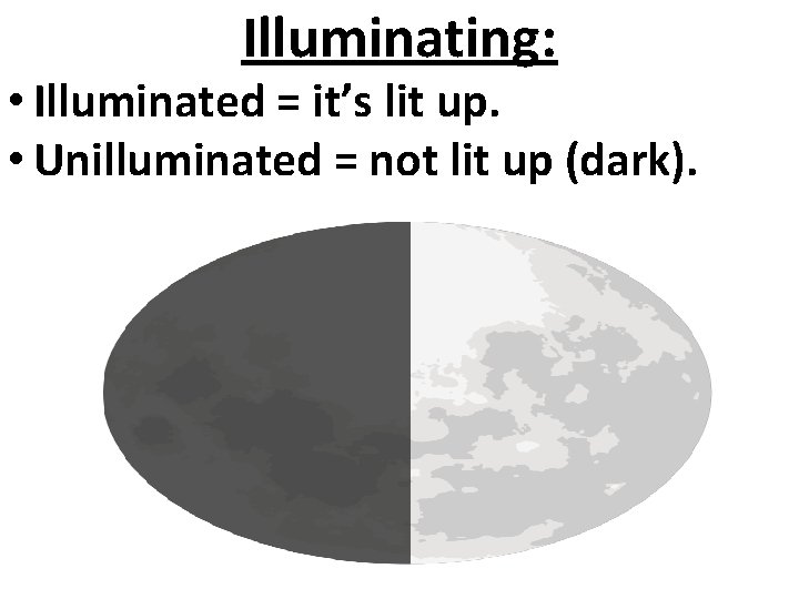 Illuminating: • Illuminated = it’s lit up. • Unilluminated = not lit up (dark).
