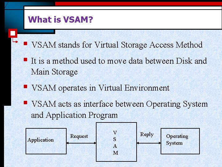 What is VSAM? § VSAM stands for Virtual Storage Access Method § It is