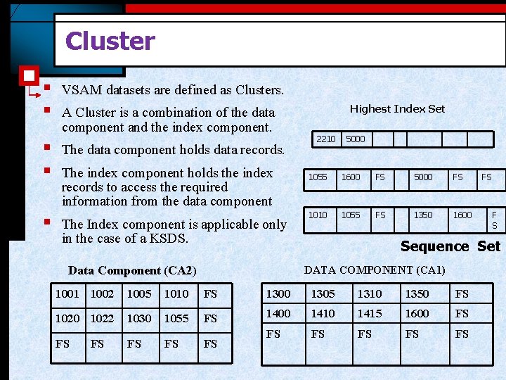 Cluster § § § VSAM datasets are defined as Clusters. A Cluster is a