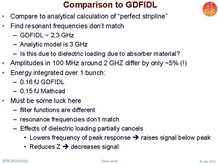 Comparison to GDFIDL • Compare to analytical calculation of “perfect stripline” • Find resonant