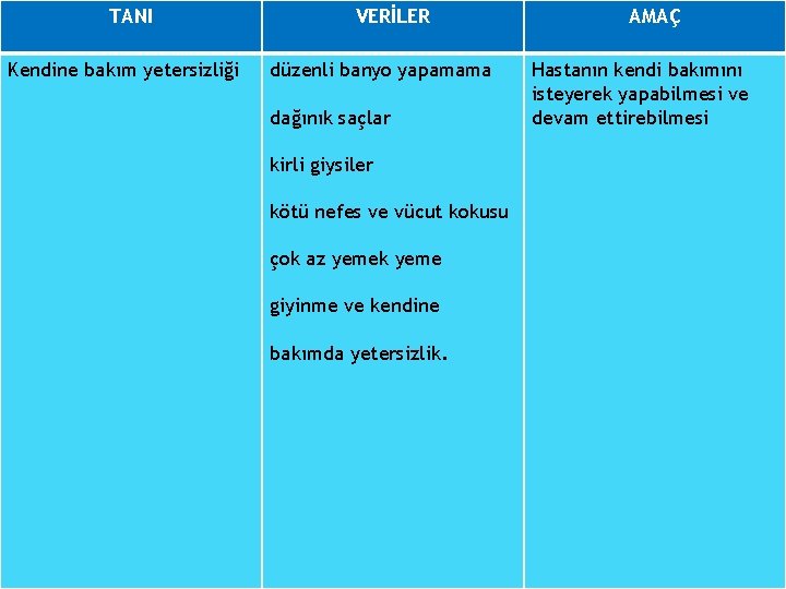 TANI Kendine bakım yetersizliği VERİLER düzenli banyo yapamama dağınık saçlar kirli giysiler kötü nefes