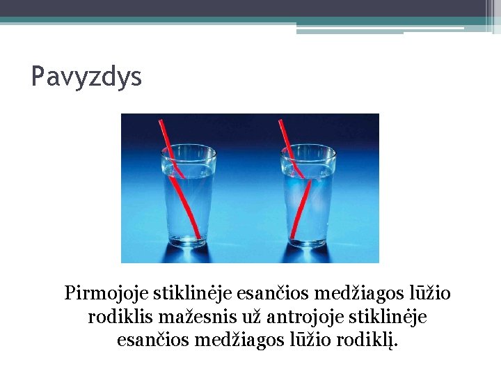 Pavyzdys Pirmojoje stiklinėje esančios medžiagos lūžio rodiklis mažesnis už antrojoje stiklinėje esančios medžiagos lūžio