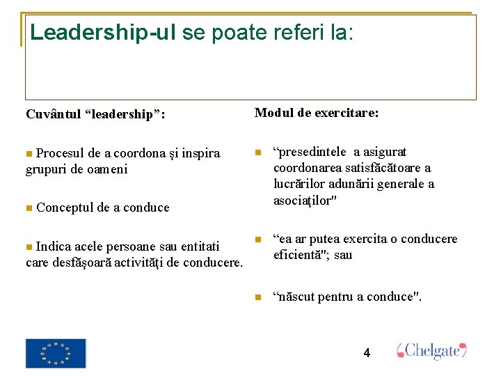 Leadership-ul se poate referi la: Cuvântul “leadership”: Modul de exercitare: Procesul de a coordona