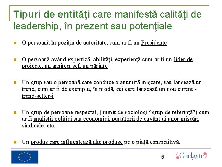 Tipuri de entităţi care manifestă calităţi de leadership, în prezent sau potenţiale O persoană