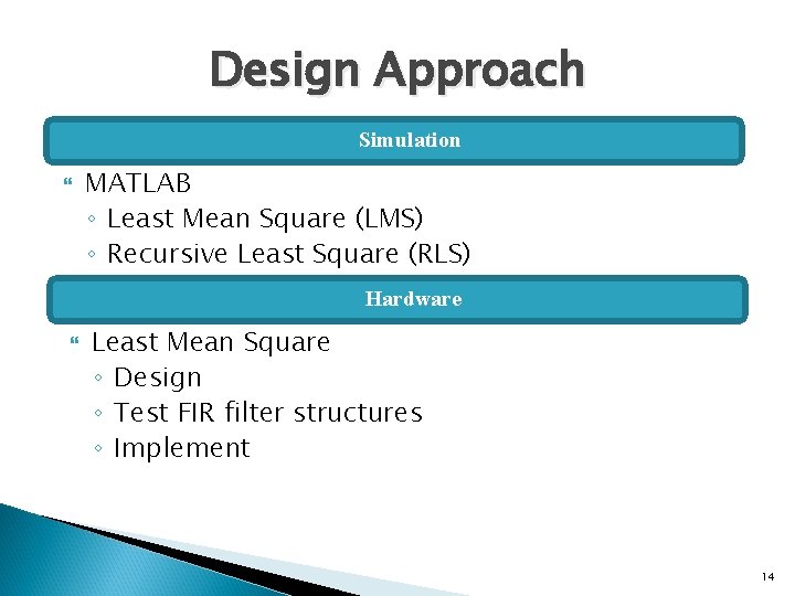 Design Approach MATLAB ◦ Least Mean Square (LMS) ◦ Recursive Least Square (RLS) Simulation