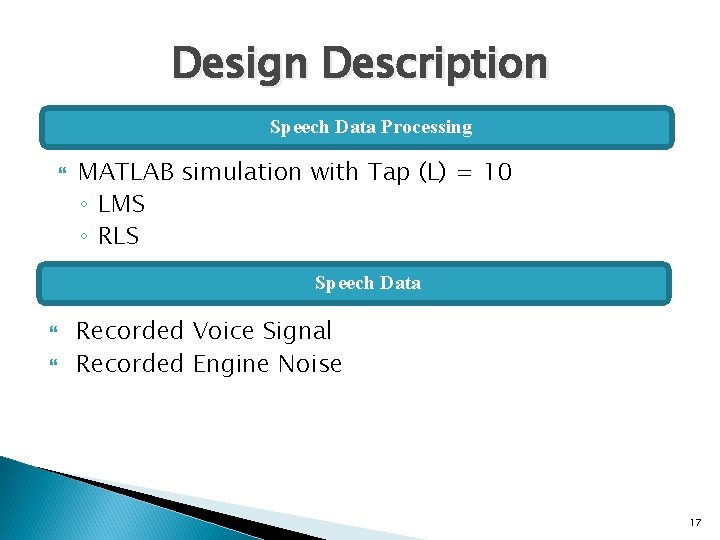 Design Description Speech Data Processing MATLAB simulation with Tap (L) = 10 ◦ LMS