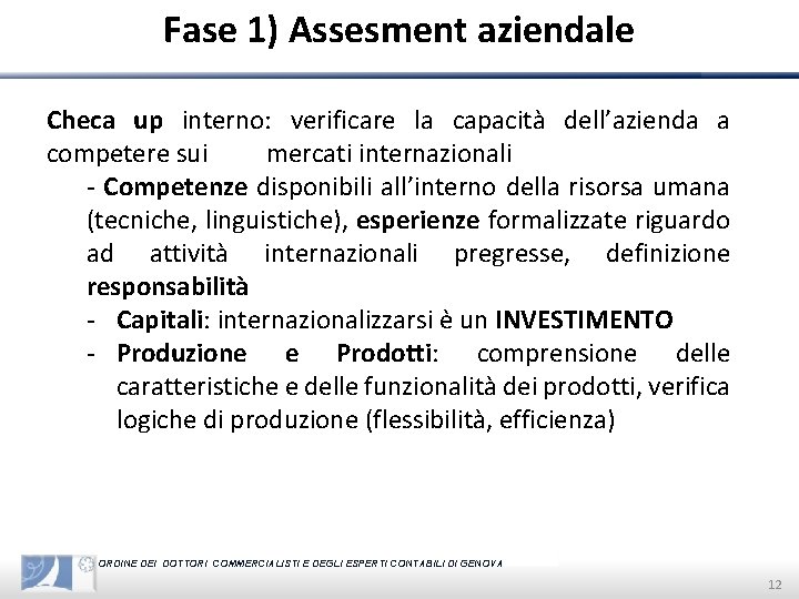 Fase 1) Assesment aziendale Checa up interno: verificare la capacità dell’azienda a competere sui