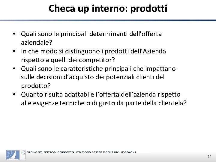 Checa up interno: prodotti • Quali sono le principali determinanti dell’offerta aziendale? • In