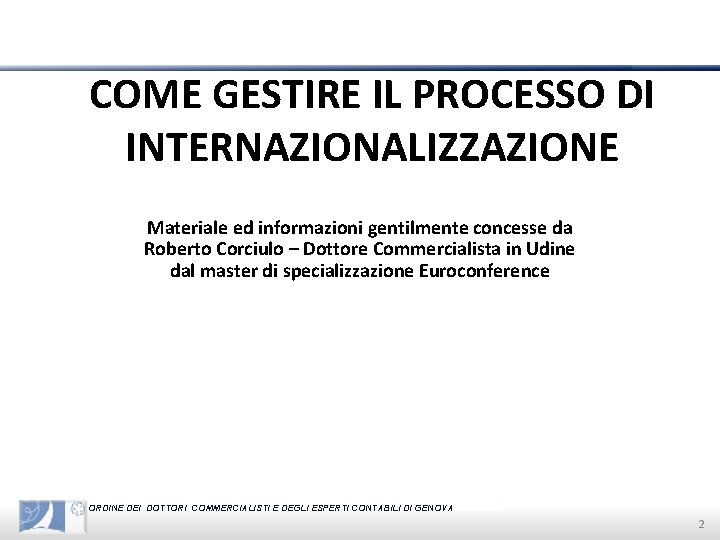 COME GESTIRE IL PROCESSO DI INTERNAZIONALIZZAZIONE Materiale ed informazioni gentilmente concesse da Roberto Corciulo