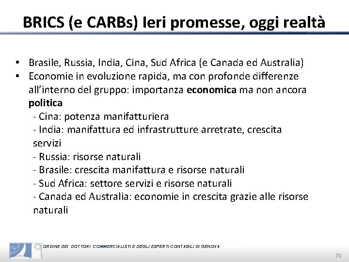 BRICS (e CARBs) Ieri promesse, oggi realtà • Brasile, Russia, India, Cina, Sud Africa