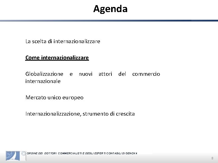 Agenda La scelta di internazionalizzare Come internazionalizzare Globalizzazione internazionale e nuovi attori del commercio