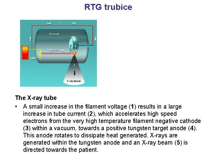 RTG trubice The X-ray tube • A small increase in the filament voltage (1)