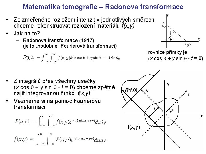 Matematika tomografie – Radonova transformace • Ze změřeného rozložení intenzit v jednotlivých směrech chceme