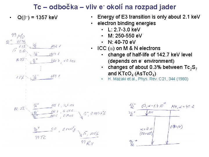 Tc – odbočka – vliv e- okolí na rozpad jader • Q(b-) = 1357