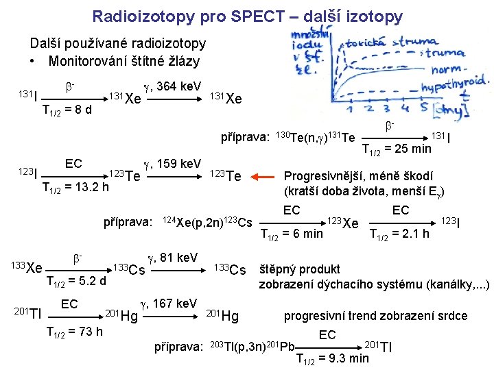 Radioizotopy pro SPECT – další izotopy Další používané radioizotopy • Monitorování štítné žlázy 131