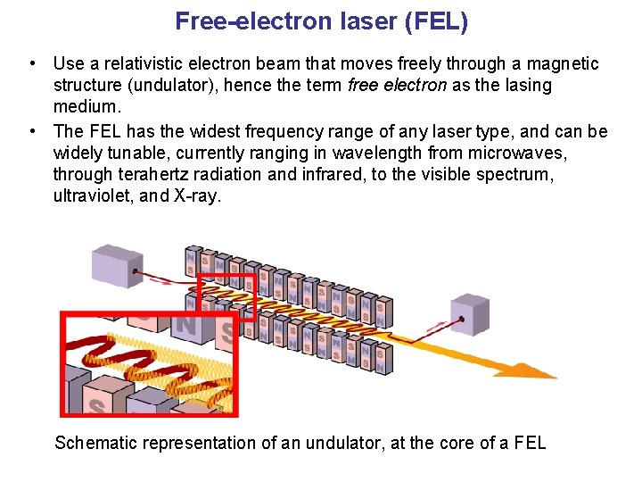 Free-electron laser (FEL) • Use a relativistic electron beam that moves freely through a