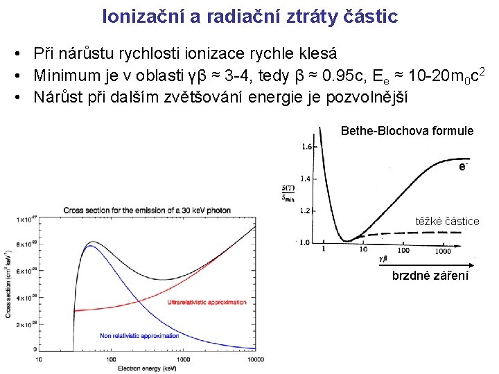 Ionizační a radiační ztráty částic • Při nárůstu rychlosti ionizace rychle klesá • Minimum