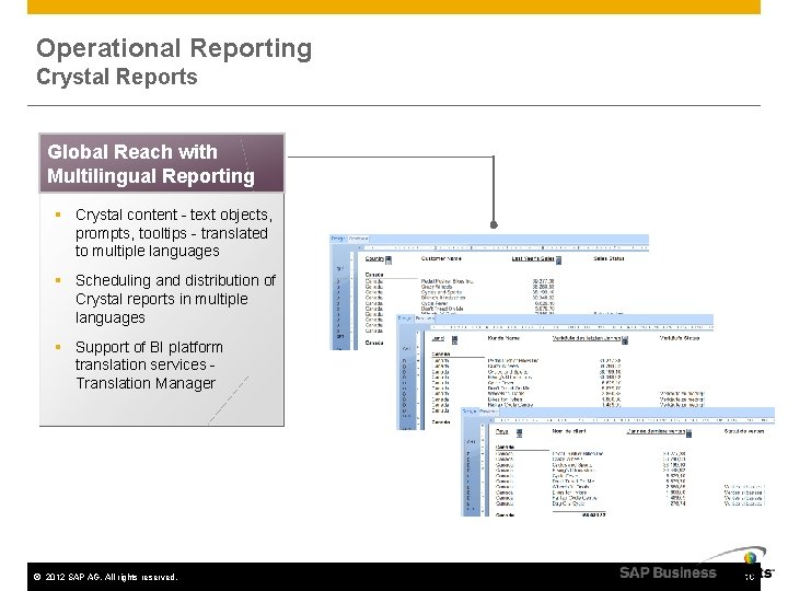 Operational Reporting Crystal Reports Global Reach with Multilingual Reporting § Crystal content - text