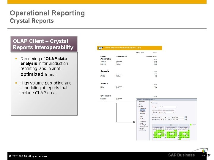 Operational Reporting Crystal Reports OLAP Client – Crystal Reports Interoperability § Rendering of OLAP