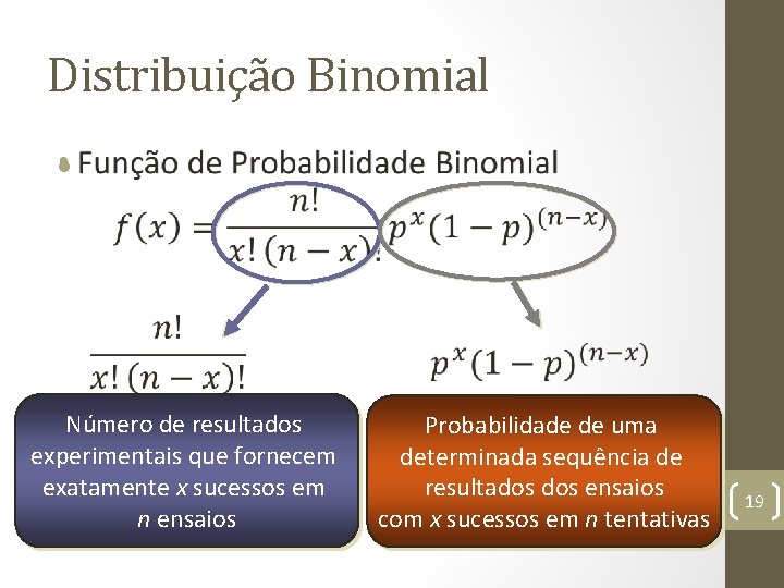 Distribuição Binomial • Número de resultados experimentais que fornecem exatamente x sucessos em n