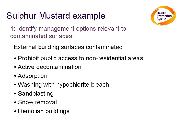 Sulphur Mustard example 1: Identify management options relevant to contaminated surfaces External building surfaces
