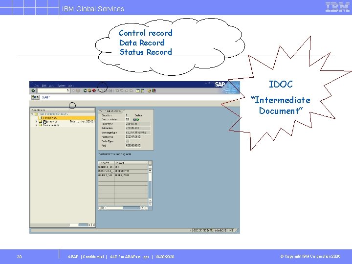 IBM Global Services Control record Data Record Status Record IDOC “Intermediate Document” 20 ABAP
