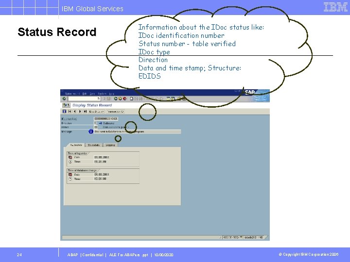 IBM Global Services Status Record 24 Information about the IDoc status like: IDoc identification