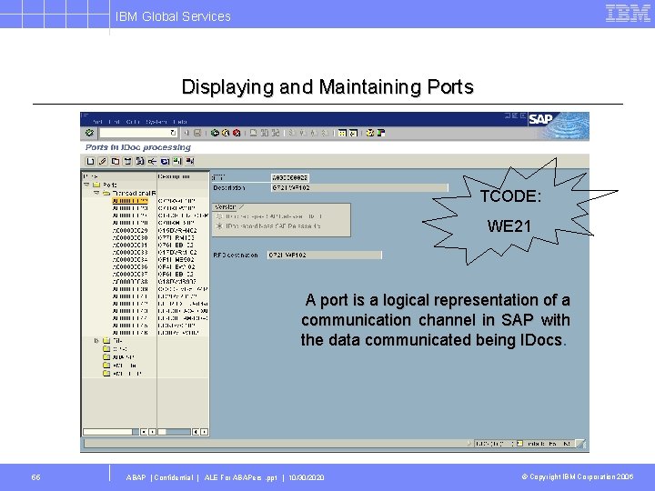 IBM Global Services Displaying and Maintaining Ports TCODE: WE 21 A port is a