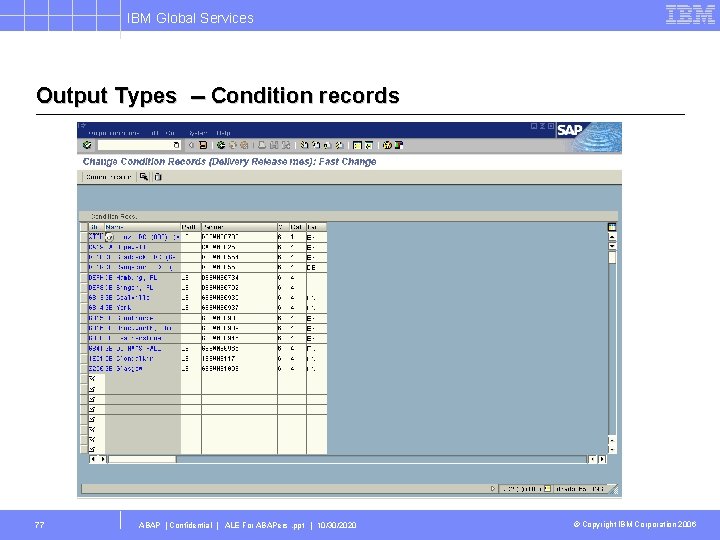 IBM Global Services Output Types -- Condition records 77 ABAP | Confidential | ALE